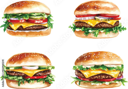 set of Juicy Cheeseburger Watercolor  vector illustration