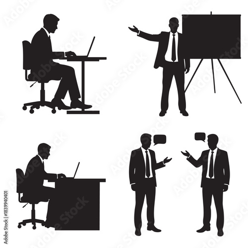 Businessmen professional silhouette set showing teamwork discussion presentation and office work activities