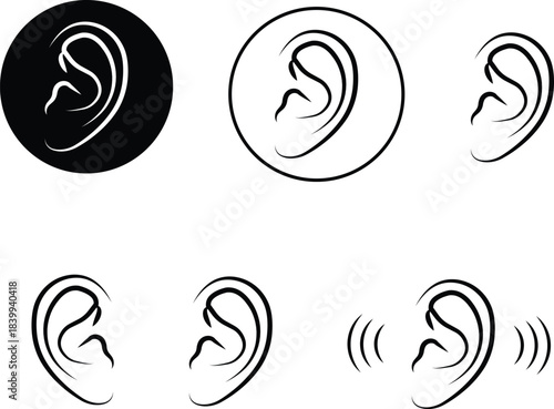 Black ear icon set in flat and line style, hearing symbol collection featuring auditory outline graphics and sound awareness illustration monochrome listening sense vector pack with synonym elements