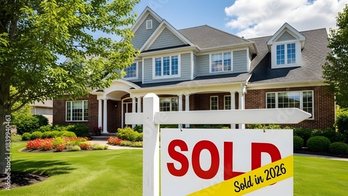 Sold sign in front of a beautiful suburban home on a sunny day