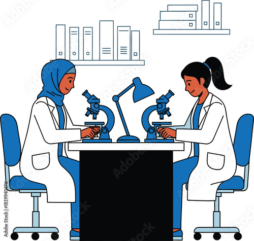 Lab researchers using microscopes in academic setting, ideal for STEM diversity and science visuals.
