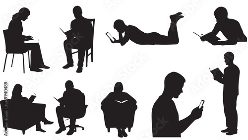 Collection of diverse people silhouettes actively engaged in reading books and using modern digital technology devices like laptops tablets and smartphones for education and leisure