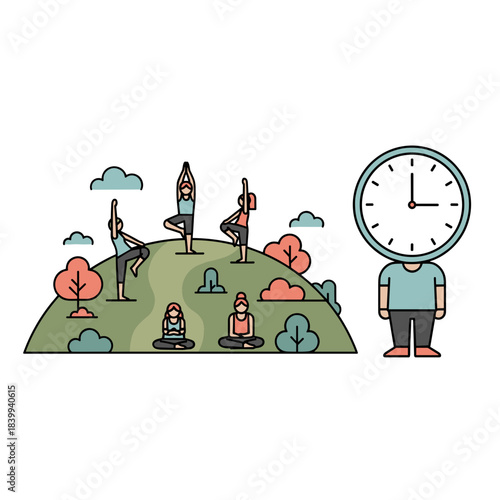 Yoga group on hill with symbolic clock character