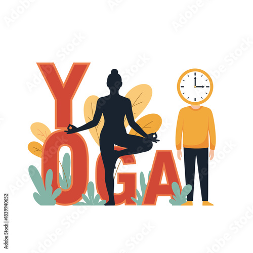 Yoga typography with meditating figure and clock