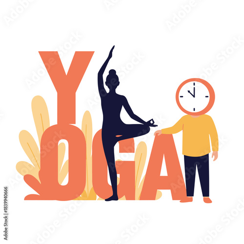 Yoga dancer pose with clock-head character