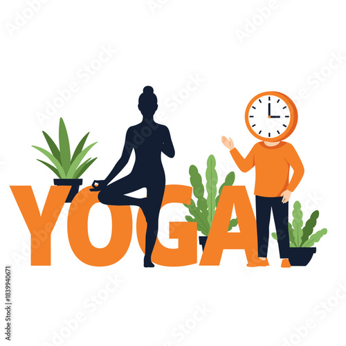 Yoga silhouette and clock-head figure with bold text