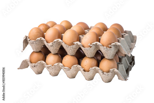 Two stacked cardboard trays filled with clean brown chicken eggs, isolated on white background, Transparent background. Ideal for food, packaging, and agricultural themes.