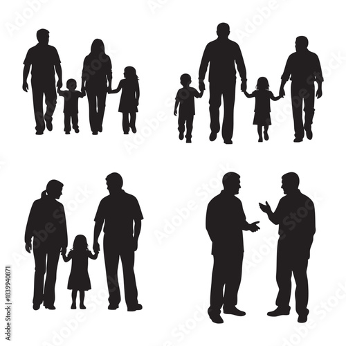 Diverse black silhouettes of people including families with children and two men talking on a white background