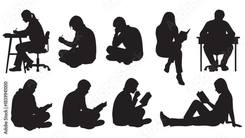 Diverse collection of human silhouettes engaged in various reading writing and thoughtful learning activities