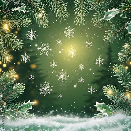 Christmas frame of pine branches holly and falling snowflakes holiday
