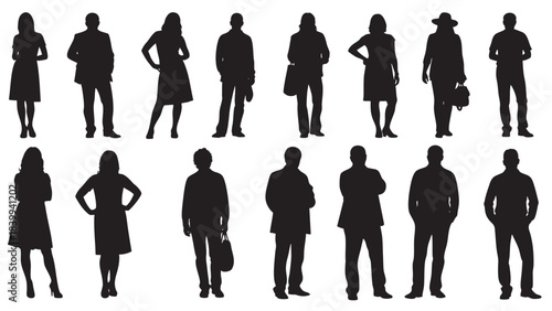 Diverse collection of standing business and casual people silhouettes representing a modern crowd in various poses