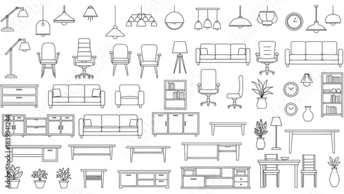 Furniture outline front and top view architectural designs. Set of isolated linear interior icons. Vector elements for apartments, living room, bedroom, kitchen, bathroom.