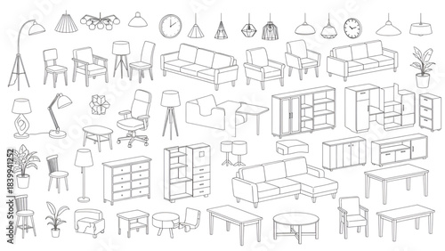 Furniture outline front and top view architectural designs. Set of isolated linear interior icons. Vector elements for apartments, living room, bedroom, kitchen, bathroom.