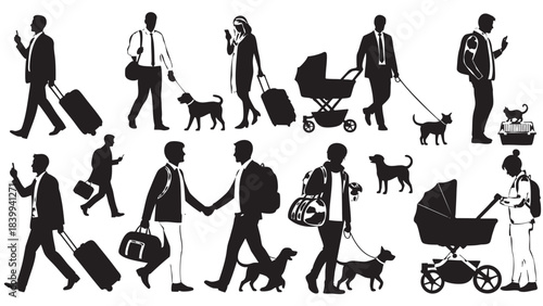 Diverse group of modern people and pets traveling and commuting in everyday life silhouette collection