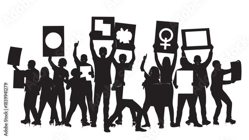 Diverse group of activist people protesting with blank signs and symbols advocating for their rights and social change