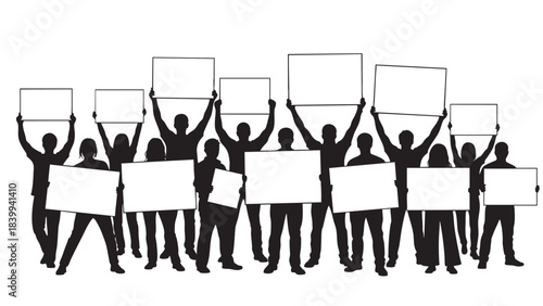Diverse group of people silhouette holding up blank white signs ready for your custom protest message