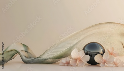 Elegant composition featuring a smooth, dark sphere nestled among pale blossoms with flowing sheer fabric against a muted background.