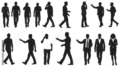 Diverse human silhouette collection features men and women walking talking pointing and interacting