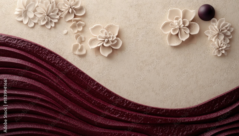 Obraz premium Three dimensional floral ornamentation decorates a textured background with a deep purple wavy pattern.