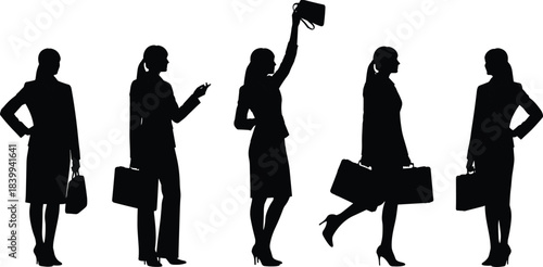 Businesswoman silhouettes in professional poses with briefcase showing confidence, leadership, celebration, career success, corporate lifestyle and modern working women concept