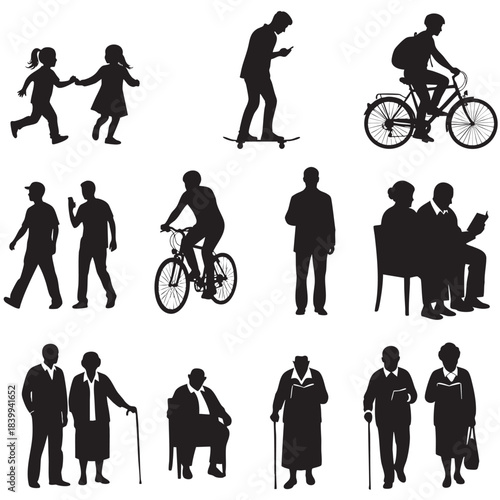 Diverse people silhouettes engaged in everyday activities across multiple generations representing various ages and lifestyles