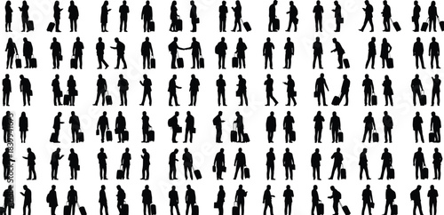 Business travelers silhouettes interacting at airport terminal with luggage, communication, networking, teamwork, departure, arrival and professional travel lifestyle concept