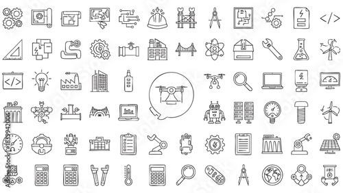 Handdrawn doodle engineering and technology line icons set for industrial innovation and science development