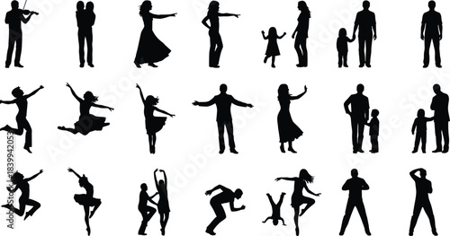 Diverse human silhouettes in dynamic motion showing family, dance, music, childhood, fitness and lifestyle actions isolated on white background collection