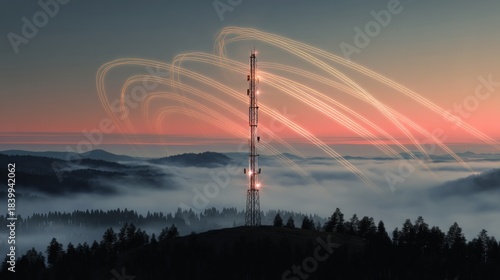 Telecommunication tower on a foggy hill at sunset