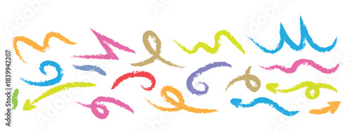 Hand Drawn Bold Brush Arrows and Squiggles Set. Colorful Quirky Spiral Arrows and thick emphasis Lines symbol. vector illustration.