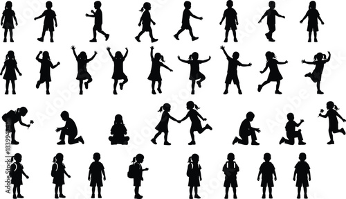 Set of children silhouettes in playful poses isolated on white background representing childhood, activity, education, fun, motion, and kid behavior concept