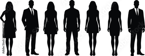Professional business people silhouettes standing in formal attire isolated on white background for corporate teamwork leadership and diversity concept design