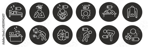 web images, tired icons, tiredness man icon set, stress, lack of energy, workplace burnout, mental fatigue, low power person, thin line symbols vector illustration