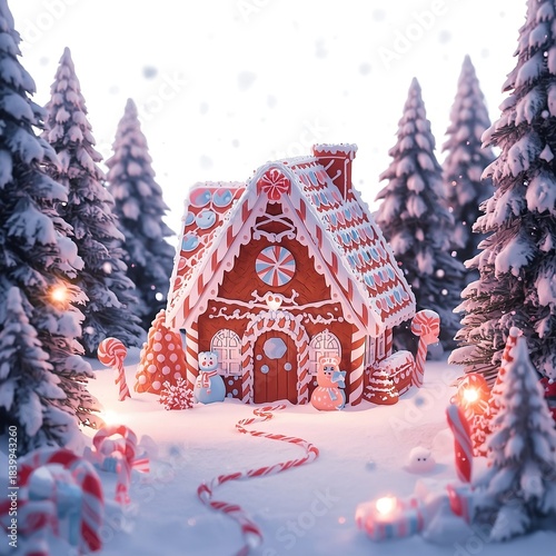 Cute Christmas gingerbread house in snowy forest