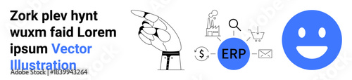 Business management, software integration, workflow efficiency, data analysis, ERP systems, industrial processes. Hand pointing at icons connected to an ERP button. Business management and software