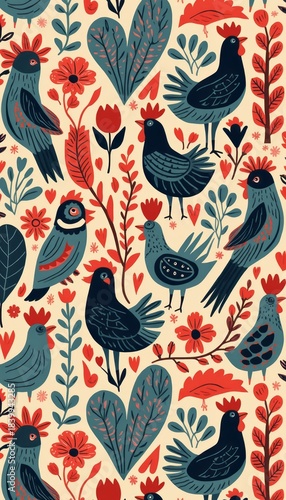 Charming floral and bird pattern in vibrant colors