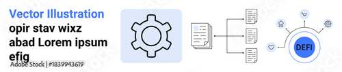 Gear icon connected to a data network structure and Defi concept circle. Ideal for technology, blockchain, finance, decentralization, innovation, operations, minimalistic simple landing page