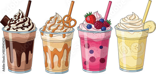 Assorted Chocolate, Caramel, Berry, and Banana Milkshakes in Clear Cups with Whipped Cream and Toppings, Refreshing Summer Drinks