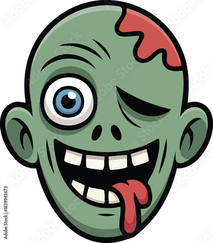 Funny monster cartoon vector illustration of a crazy angry zombie face with a big toothy smile, perfect for Halloween art design