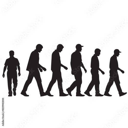 A group of six diverse male silhouettes walking in a sequential line representing progress and movement isolated on a transparent background
