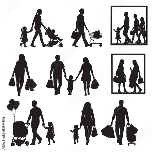 Black silhouettes of families and shoppers enjoying retail therapy with bags and carts vector illustration