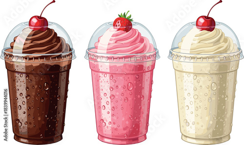 Assorted Chocolate, Strawberry, and Vanilla Milkshakes in Clear Plastic Cups with Whipped Cream and Cherries, Refreshing Dessert Drinks