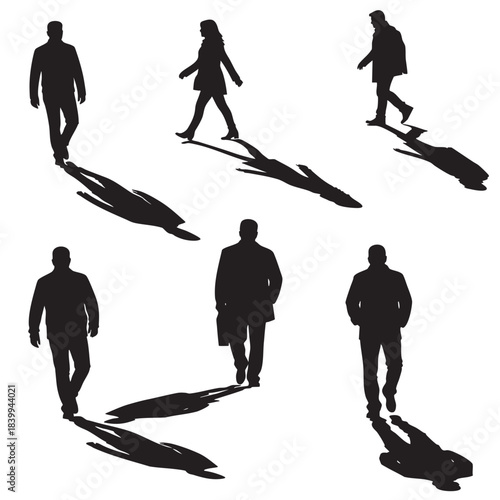 Black silhouettes of diverse men and women walking with long shadows on a plain white background vector graphic illustration