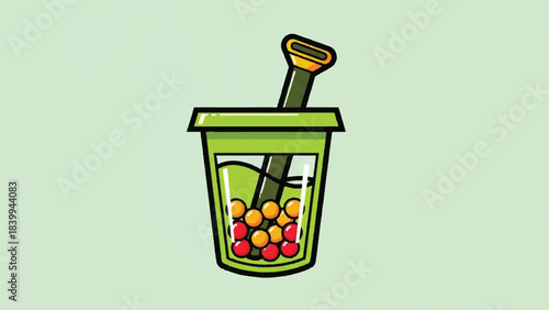 Colorful Boba Tea Illustration with Straw and Tapioca Pearls.