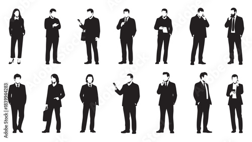 Collection of diverse business people silhouettes in various professional poses including men and one woman standing