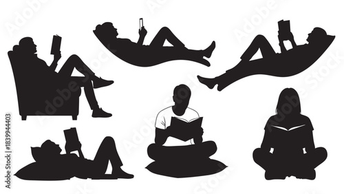 Collection of diverse people reading and relaxing in various comfortable positions silhouette set