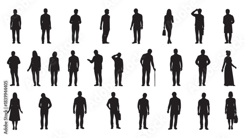 Collection of diverse human silhouettes featuring men and women standing in various poses architectural scale figures