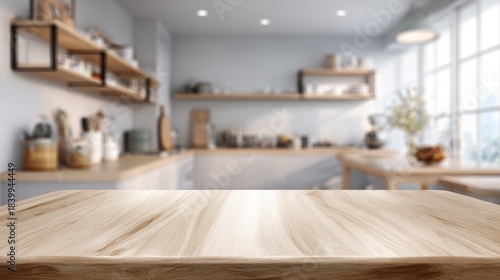 Wooden tabletop with blurred kitchen view