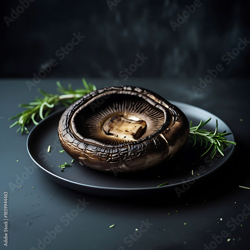 Cooked Portobello Mushroom on Dark Plate with Rosemary Garnish grilled food
