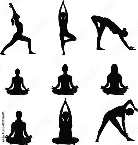 Illustration of collection of silhouettes performing various yoga poses and asanas